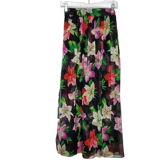 Nick Nora Floral Pleated Wrap Skirt S M Black Shear Tropical Resort Hawaiian - Picture 1 of 4